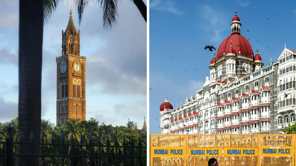 Mumbai’s Rajabai Clock Tower and Taj Mahal Palace — two heritage gems that shine in the evening light.