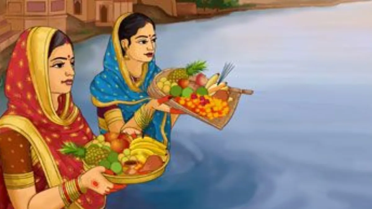 Women perform Har Chhath rituals at the riverbank, praying for their children’s health and family happiness.