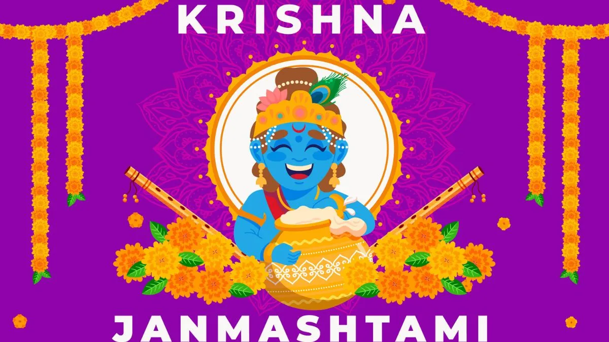 Colourful Janmashtami design featuring Lord Krishna with butter pot, marigold garlands and festive decorations.