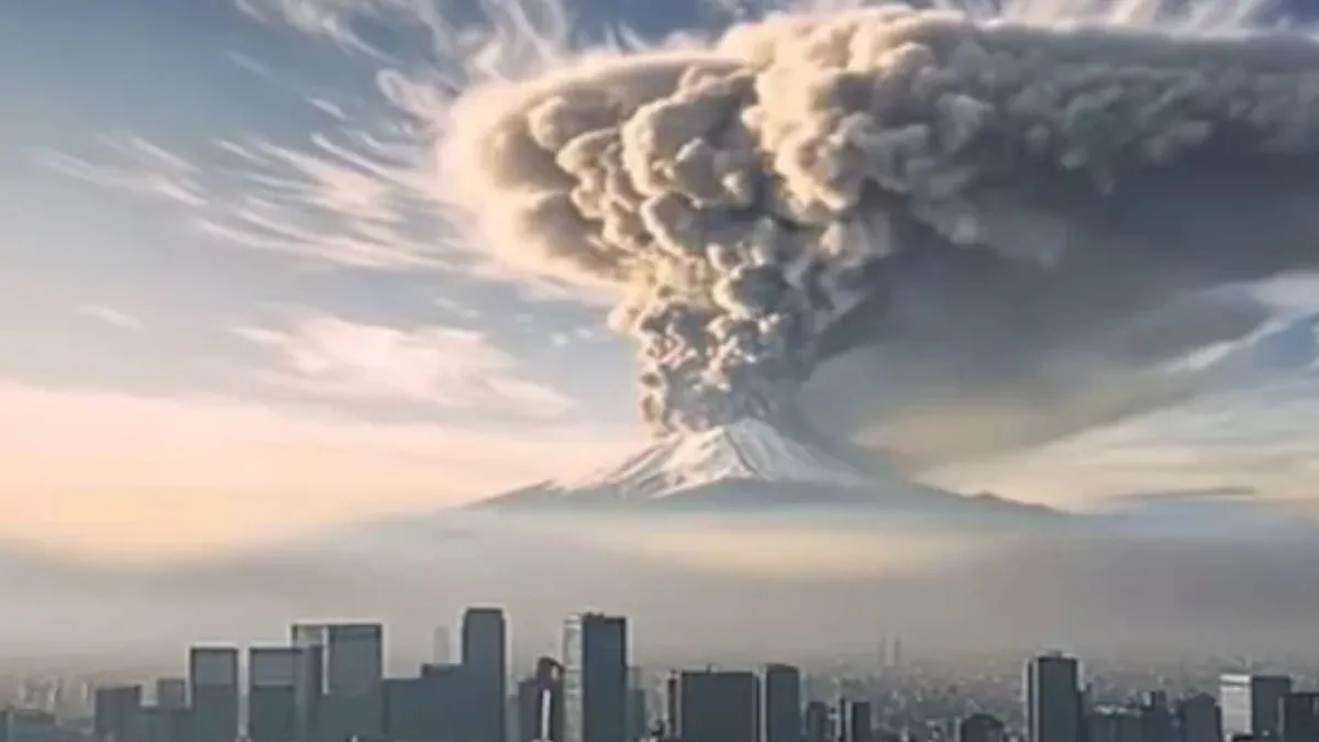 Screenshot of an AI-generated Mount Fuji eruption video 