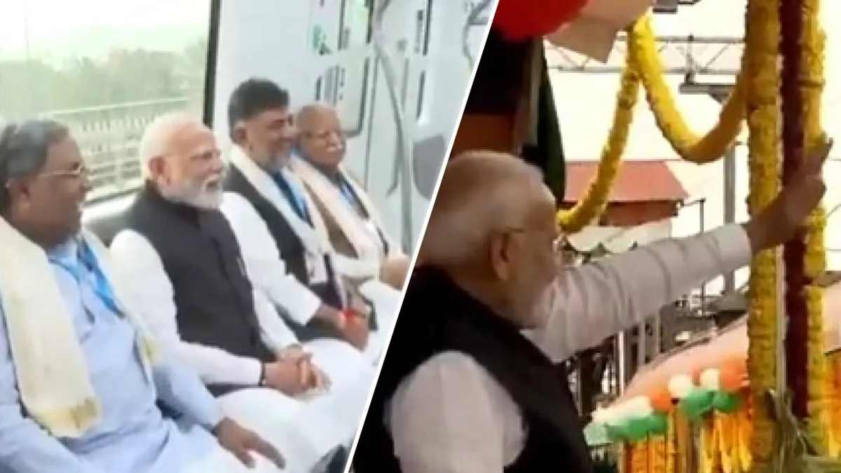 Prime Minister Narendra Modi greets children after flagging off three Vande Bharat Express trains 