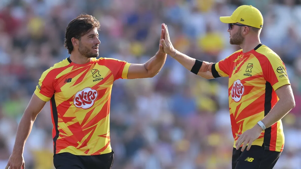 Marcus Stoinis celebrates the wicket of Imad Wasim during the Hundred game on Sunday