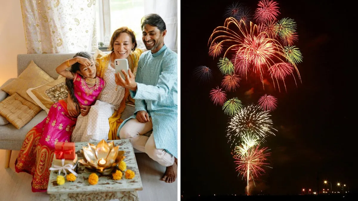 A family enjoys Diwali together with diyas, gifts, and festive decorations at home. The night sky lights up with colourful fireworks, symbolising joy and celebration. Diwali 2025 brings families together in devotion, happiness, and the spirit of light over darkness.