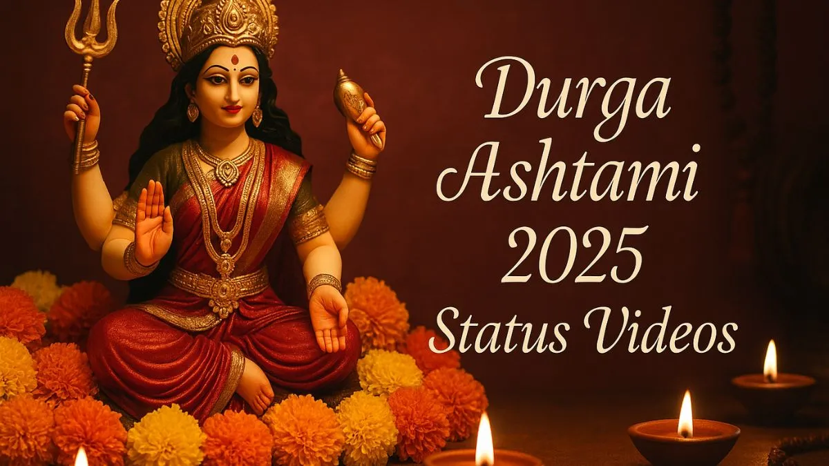 Maa Durga idol with diyas and marigold flowers, symbolising devotion on Durga Ashtami 2025.