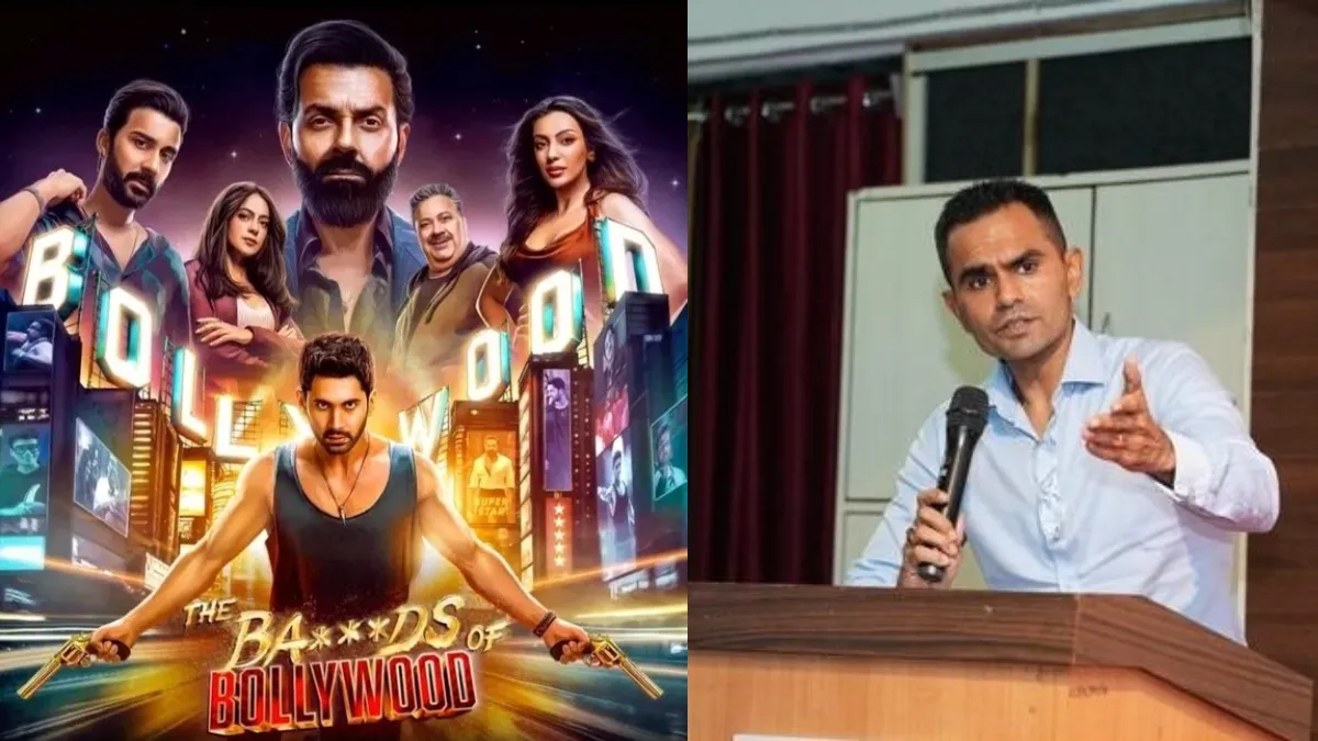 Sameer Wankhede has filed a defamation suit against Aryan Khan's 'The Ba***ds of Bollywood'.
Poster of The Ba***ds of Bollywood and image of Sameer Wankhede