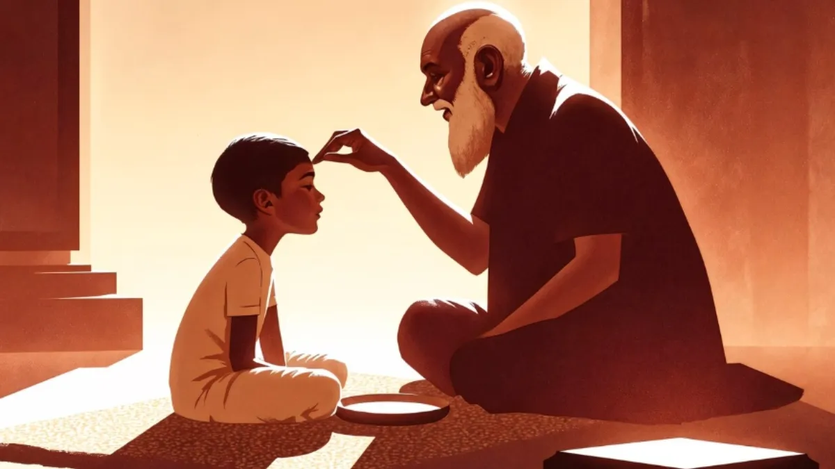 A timeless image of a guru guiding and blessing a disciple, reflecting the spirit of Teacher’s Day