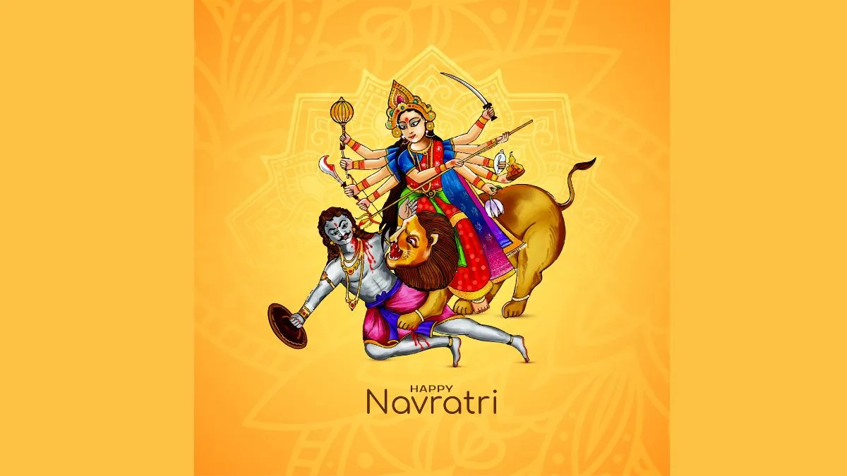 An artistic illustration of Goddess Durga defeating Mahishasura, symbolising the victory of good over evil, shared for Navratri 2025 celebrations.