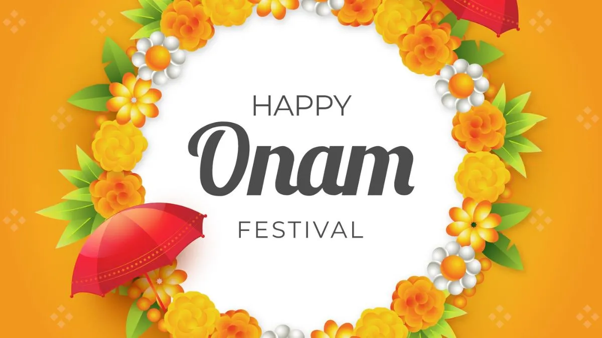 A vibrant Onam greeting with flowers and umbrellas symbolising prosperity and joy.
