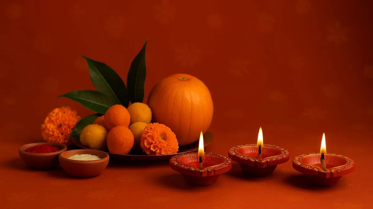Festive Navratri decor with diyas, flowers, and sweets symbolising devotion and celebration.