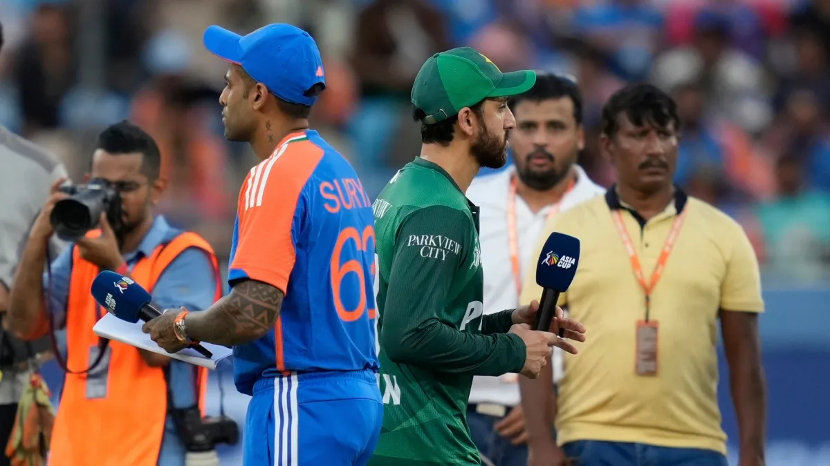 Suryakumar Yadav and Salman Agha during the toss for the Group A match in Asia Cup on September 14