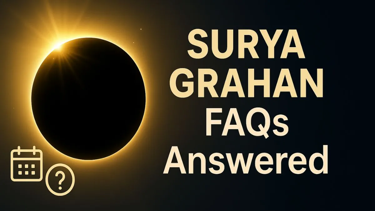 A digital illustration of Surya Grahan 2025 showing an eclipse silhouette with a glowing ring and bold text “FAQs Answered.”
