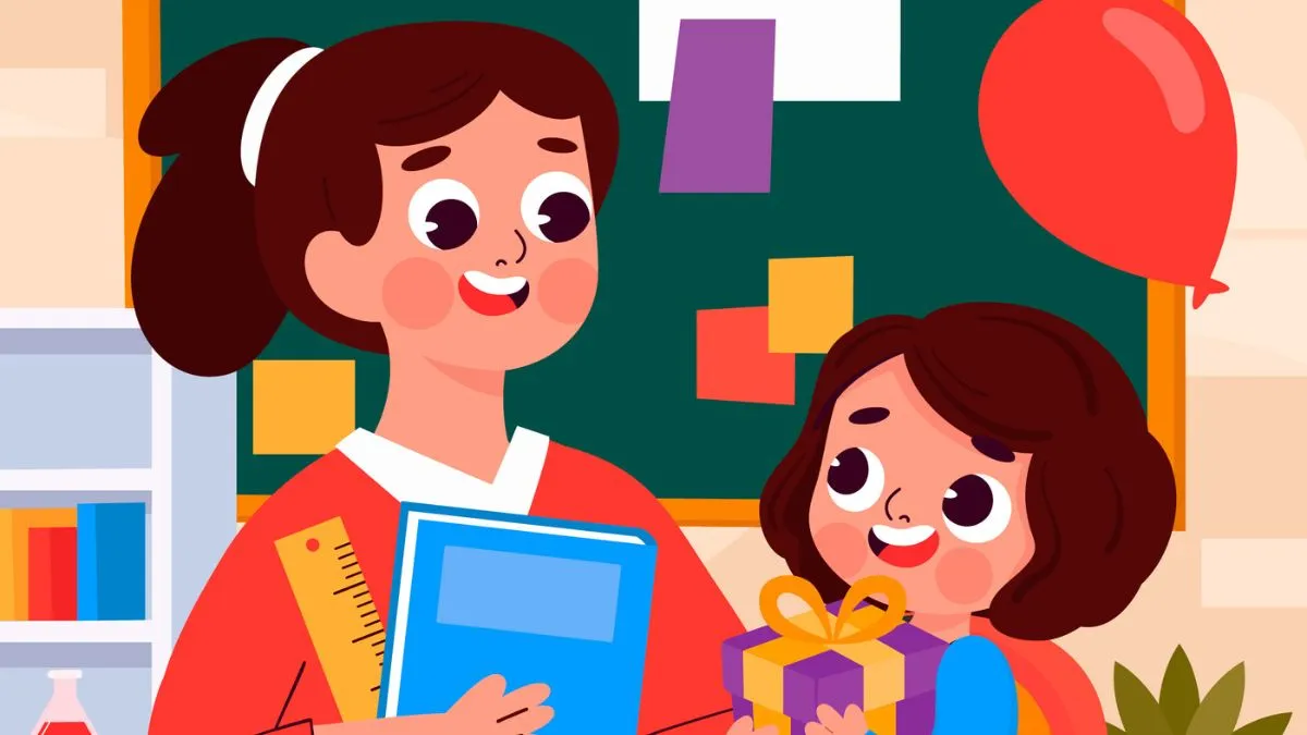 A student presents a thoughtful gift to their teacher, symbolising gratitude and appreciation.