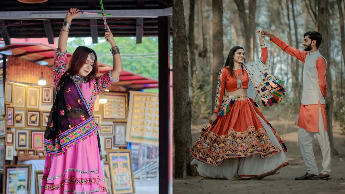 Women showcase vibrant Navratri 2025 lehengas, perfect for Garba and Dandiya nights, styled with traditional embroidery and mirror work.