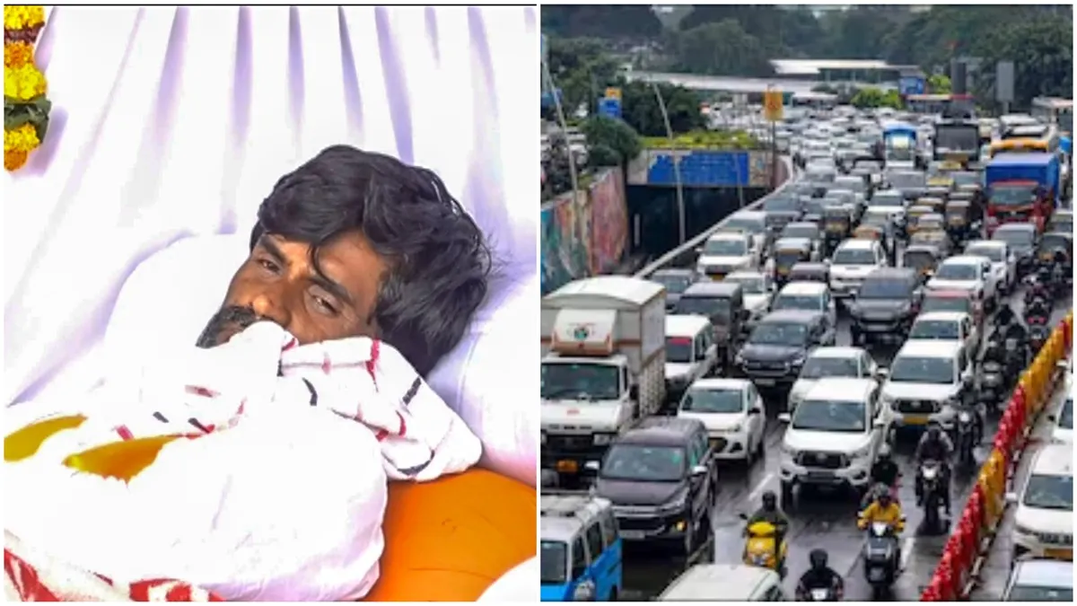 Maratha quota agitation leader Manoj Jarange during his hunger strike (L) and a representative image of Mumbai traffic.