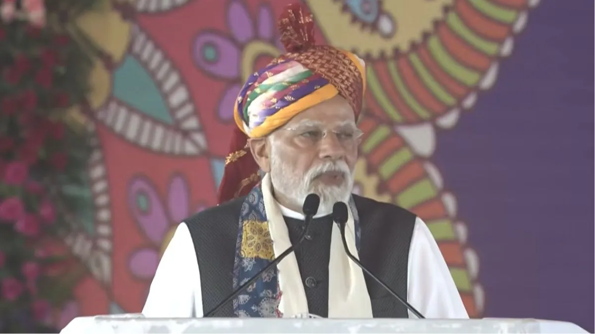 Prime Minister Narendra Modi addresses a rally in Banswara, Rajasthan.