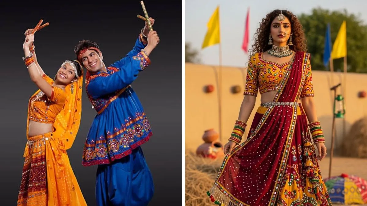 A couple in vibrant orange and blue Garba outfits showcase the festive spirit of Navratri. Traditional mirror-work designs make these looks timeless for Dandiya nights.