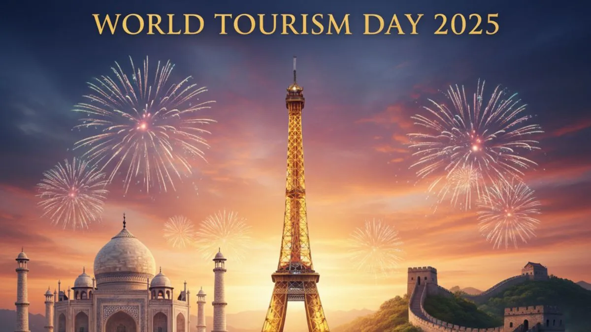 This World Tourism Day 2025 image shows iconic landmarks like the Eiffel Tower, Taj Mahal, and Great Wall under a sky lit with fireworks. It reflects the global spirit of tourism and unity. A perfect image for sharing World Tourism Day greetings.
