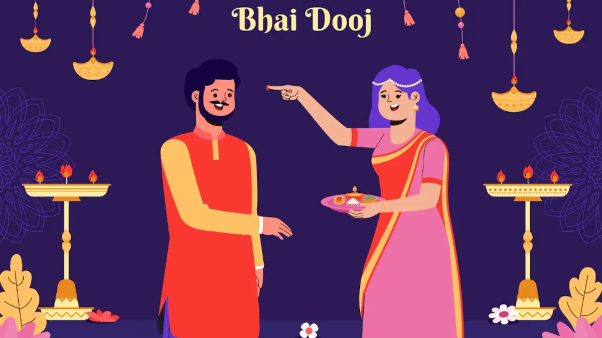 A sister lovingly applies tilak to her brother during the Bhai Dooj celebration — a moment that captures warmth, love, and the essence of sibling bonding.