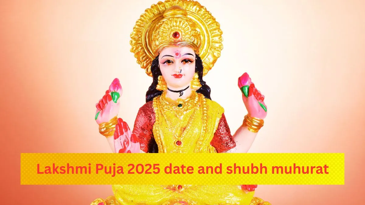 Lakshmi Puja 2025 falls on October 20; know shubh muhurat and rituals for Diwali pujan. Idol of Goddess Lakshmi with text overlay “Lakshmi Puja 2025 date and shubh muhurat.”