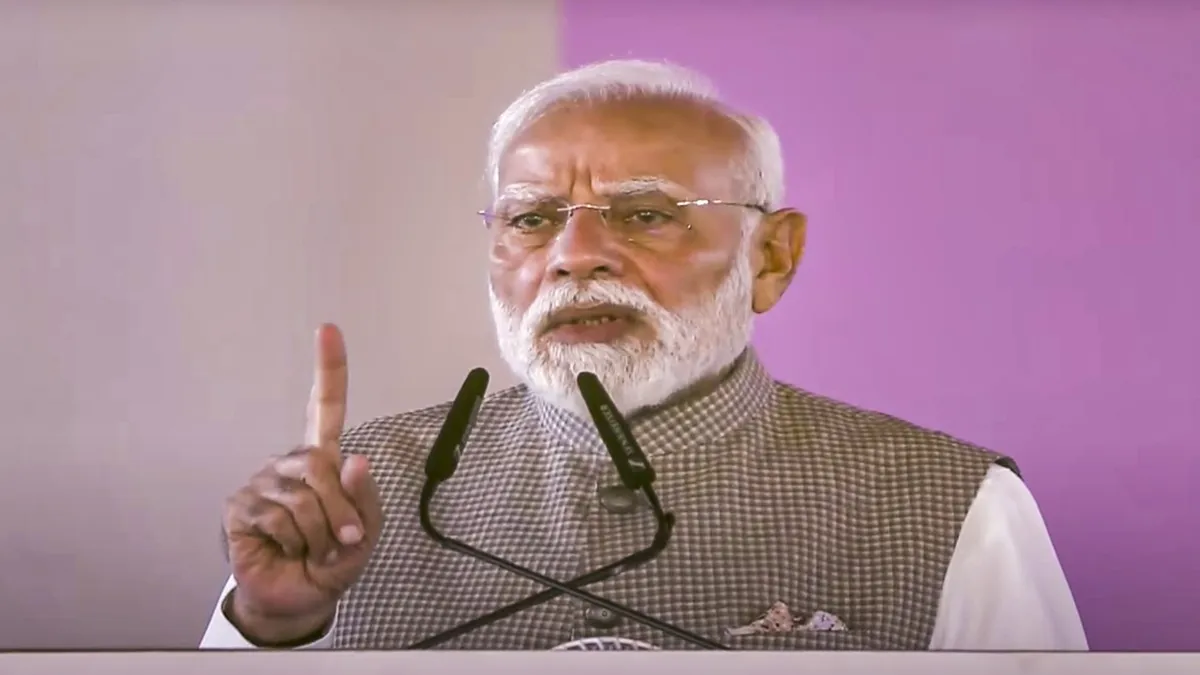 Prime Minister Narendra Modi speaks during the inauguration of Phase 1 of the Navi Mumbai International Airport and launch of other development projects in Mumbai.