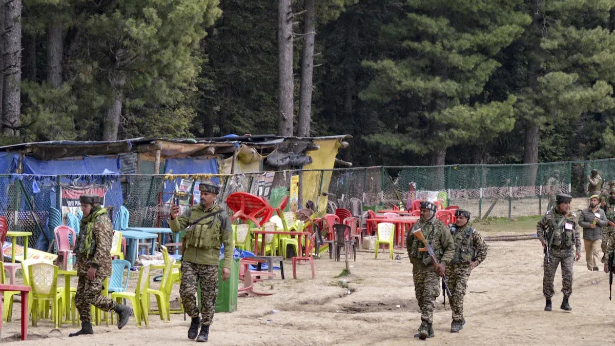 Security forces at the site of the terror attack in Pahalgam. Pahalgam, Pahalgam terror attack,