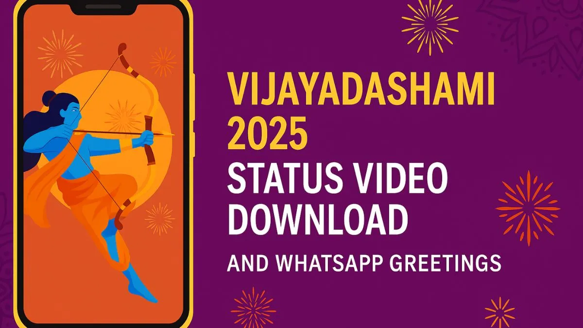 Vijayadashami 2025 status video download and WhatsApp greetings banner featuring Lord Ram and festive design.