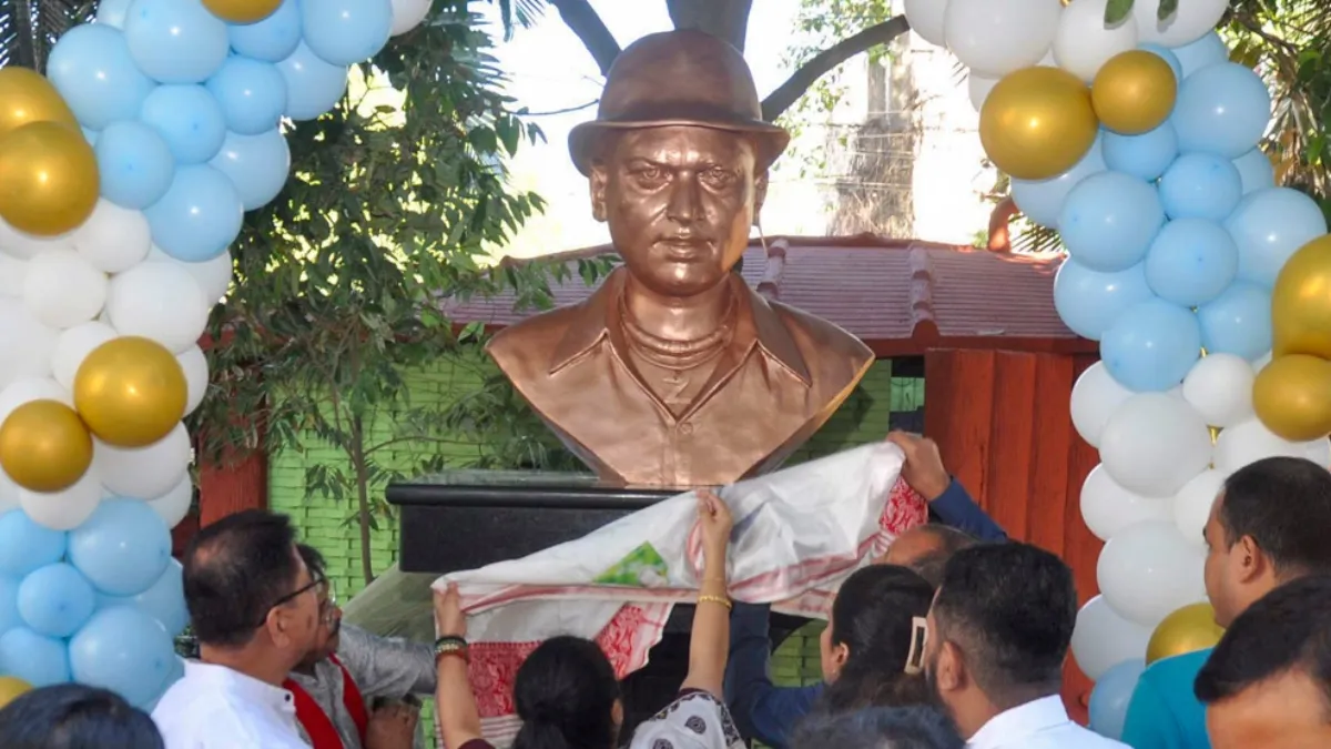 A statue of singer Zubeen Garg, who died while swimming in Singapore.