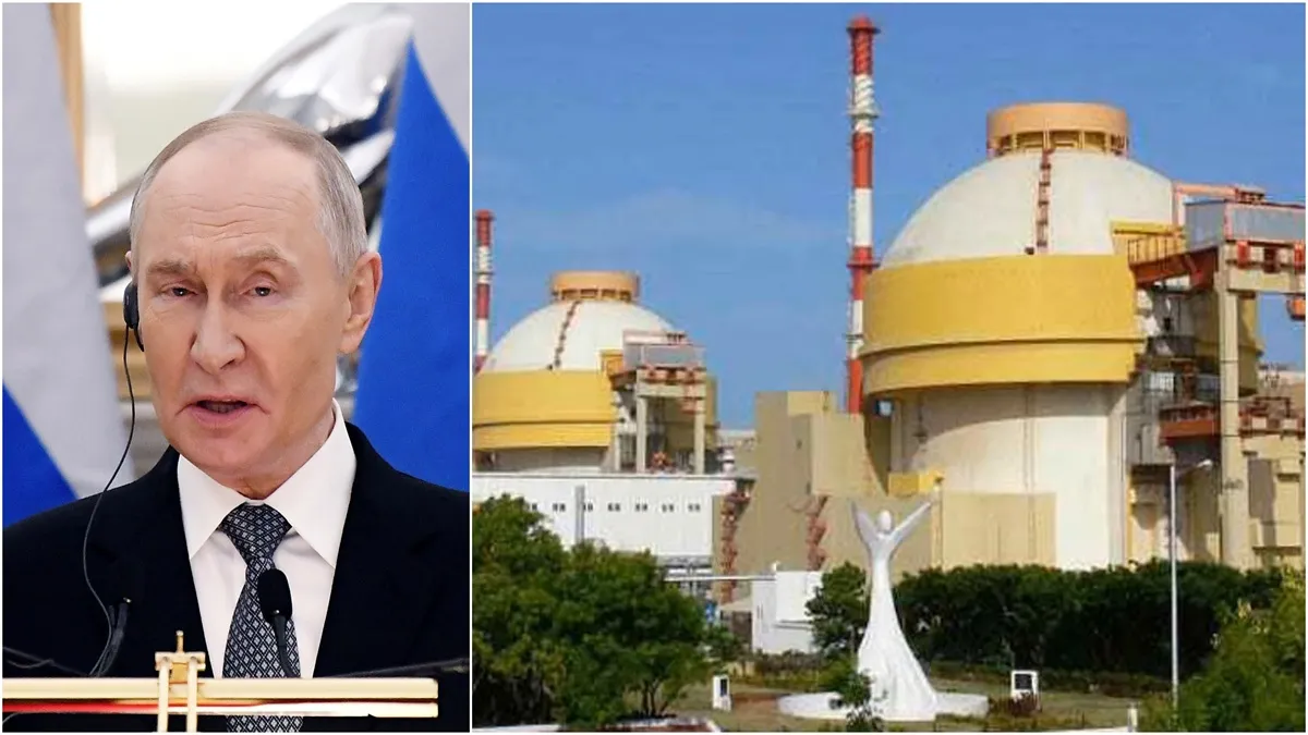 The image shows Russian President Vladimir Putin and Kudankulam power plant. 
