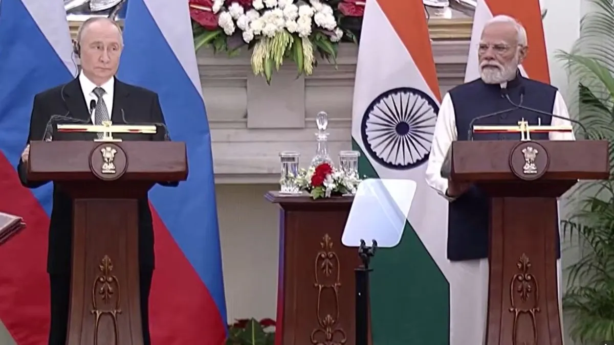 Putin and PM Modi during joint presser.