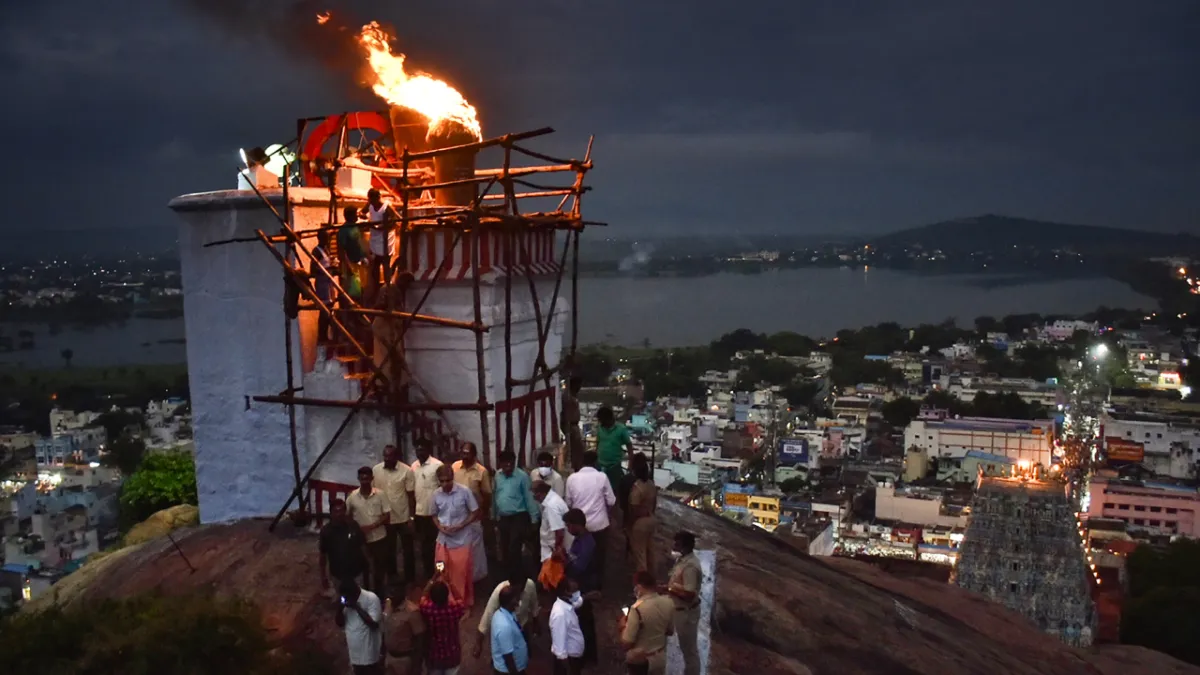 Devotees visit Thiruparankundram temple on the occasion of Dev Deepawali festival in Madurai.