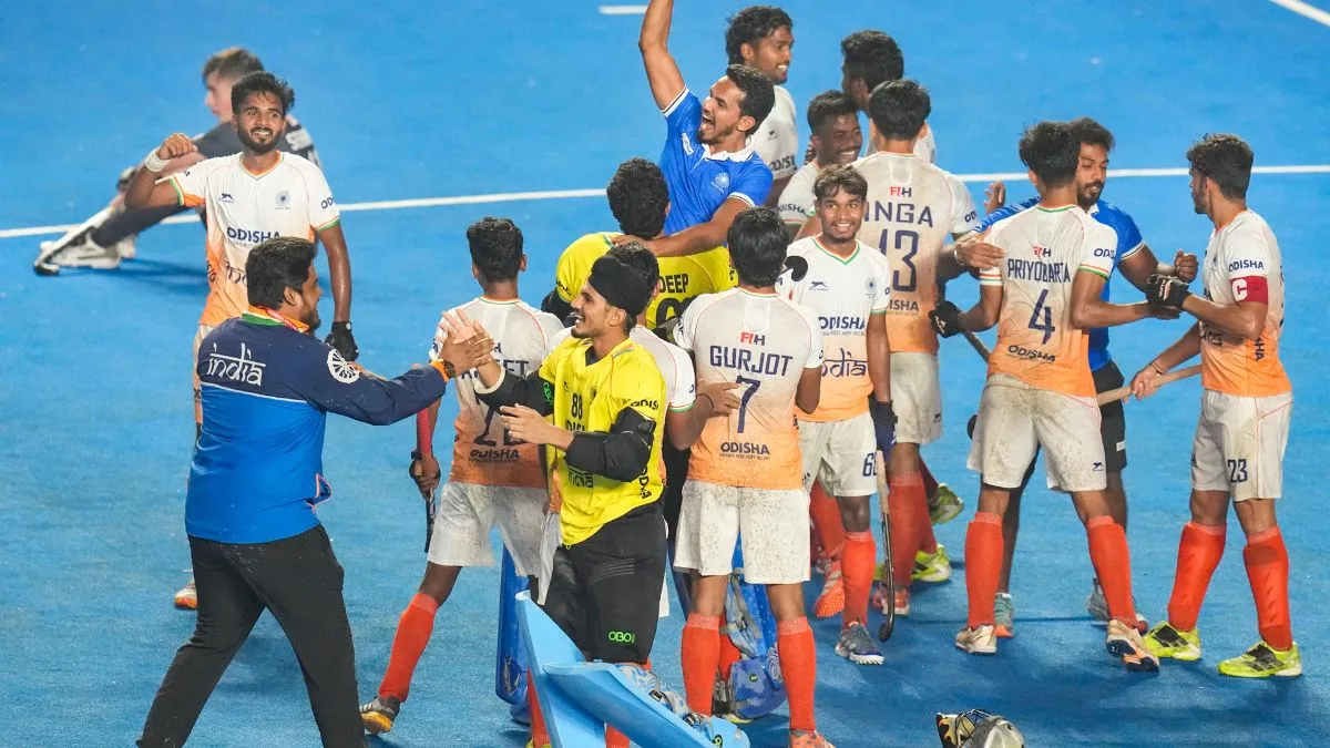 Indian team celebrating after securing bronze in the Junior Hockey World Cup