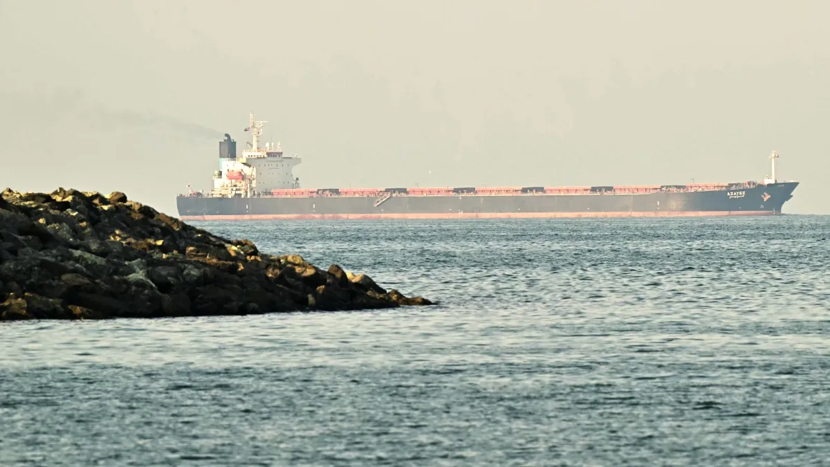 A cargo ship is pictured off the coast of the city of Fujairah, in the Strait of Hormuz in the northern Emirate. A cargo ship is pictured off the coast of the city of Fujairah, in the Strait of Hormuz in the northern Emirate.