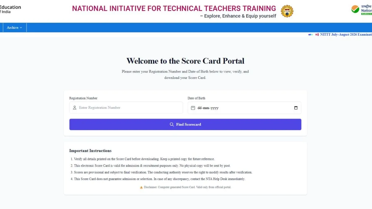 NITTT July-August result 2026 OUT at nittt.nta.ac.in; how to download scorecard PDF
