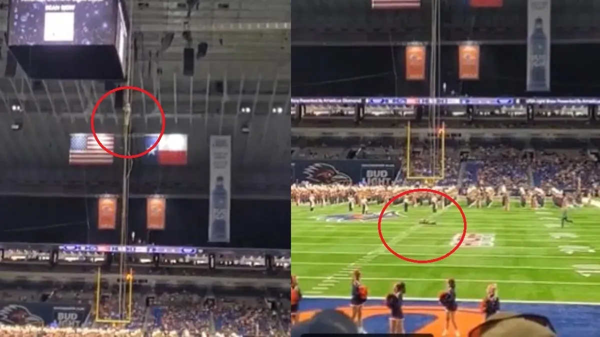 US Air Force personnel dies after falling 170 feet during military demonstration before football game | VIDEO
