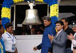 Kapil Dev rings a Lords like bell, installed at the Eden Gardens stadium.

