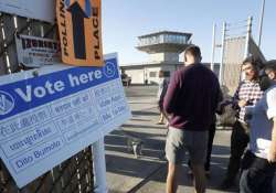 People wait in line to vote at a polling station in Los Angeles, California.
