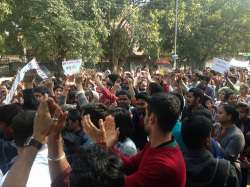 Students protest at ITO against alleged violence by ABVP yesterday