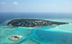 An aerial view of the Faafu atoll in Maldives