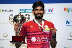 Champion Kidambi Srikanth with Australian Open Super Series trophy