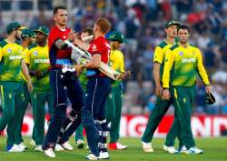 Alex Hales and Jonny Bairstow celebrate England's victory.