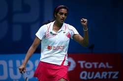 Sindhu Pusarla V of India celebrates after winning