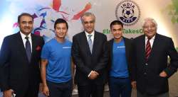 AIFF President Praful Patel with Baichung Bhutia and Sunil Chhetri