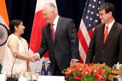 Sushma Swaraj with Rex Tillerson and Taro Kono