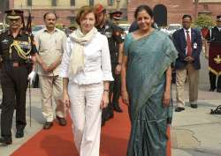 Nirmala Sitharaman with her French counterpart Florence Parly arrive at the South Block in New Delhi on Friday