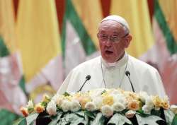 Pope Francis delivers a speech during a meeting with members of the civil society and diplomatic corps in Naypyitaw