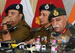 15 corps commander Lt Gen J S Sandhu addressing a jiont press conference with DG police SP Vaid and IG CRPF Zulfikar Hassan in Srinagar