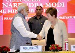 PM Modi shakes hands World Bank CEO Kristalina Georgieva at a session on India’s Business Reforms in New Delhi