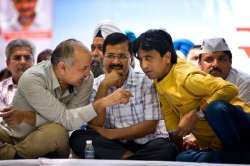 File photo of AAP co-founder Kumar Vishwas with Delhi CM Arvind Kejriwal and Deputy CM Manish Sisodia.