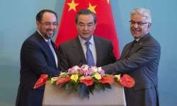 Afghanistan's FM Salahuddin Rabbani, China's FM Wang Yi and Pakistan's FM Khawaja Muhammad Asif at first China-Afghanistan-Pakistan FM's Dialogue in Beijing