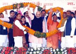 Amit Shah and Yogi Adityanath at a foundation stone laying ceremony of KS Charitable Hospital at Firozabad